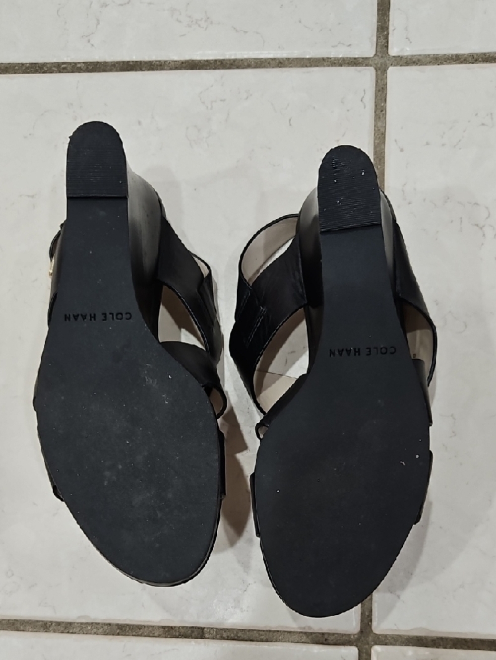 Cole Haan Black Leather Strappy Platform Sandals with Gold Buckles - Picture 5 of 10